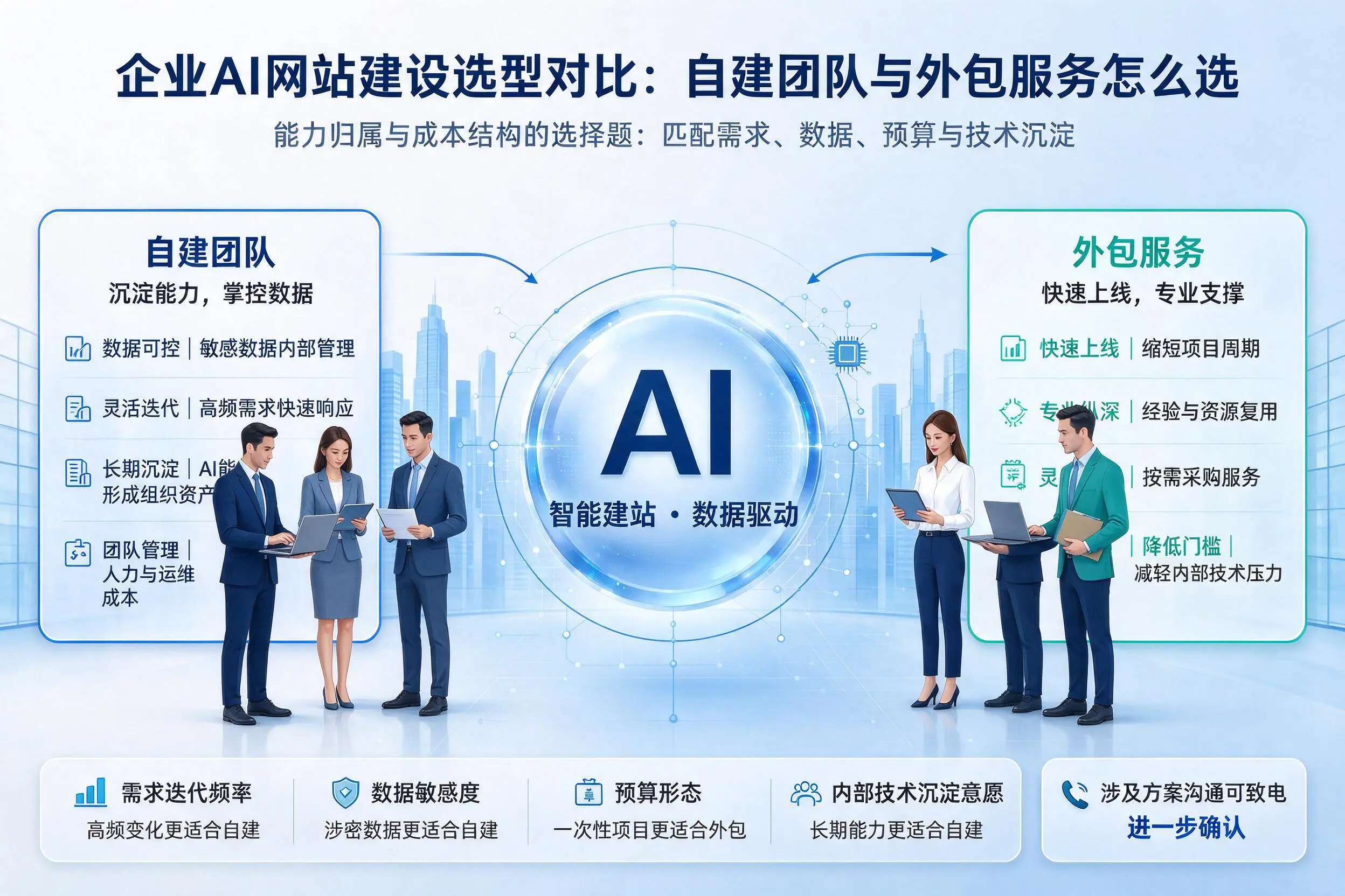 衢州企业AI网站建设选型对比:自建团队与外包服务怎么选